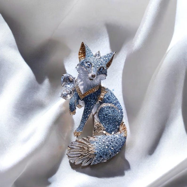 Blue Fox Brooch: Handmade Copper Zircon Crystal Jewelry