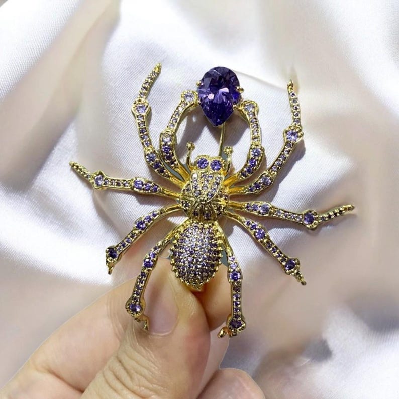 Shiny zircon spider brooch, gold, black spider jewelry with gift box