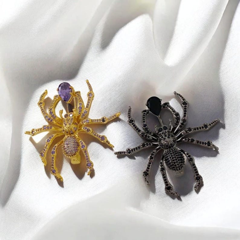 Shiny zircon spider brooch, gold, black spider jewelry with gift box