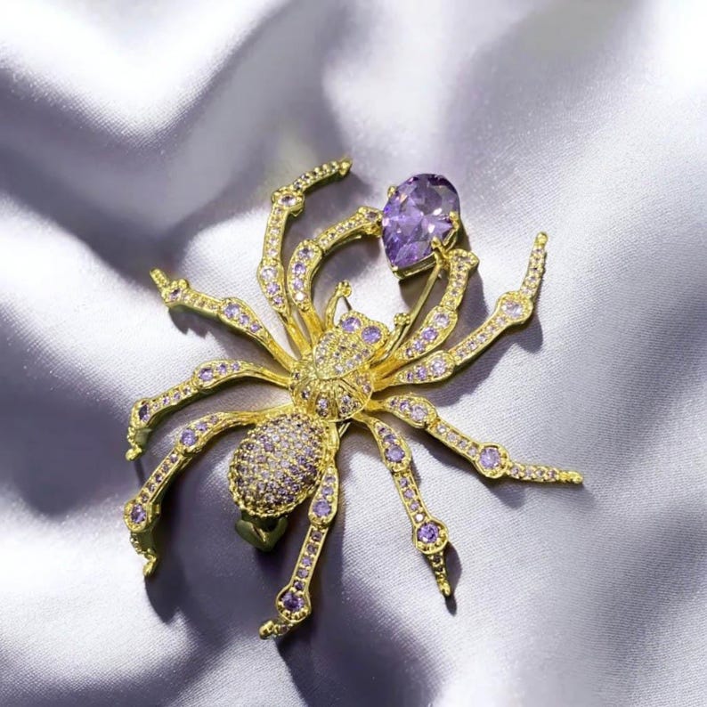 Shiny zircon spider brooch, gold, black spider jewelry with gift box