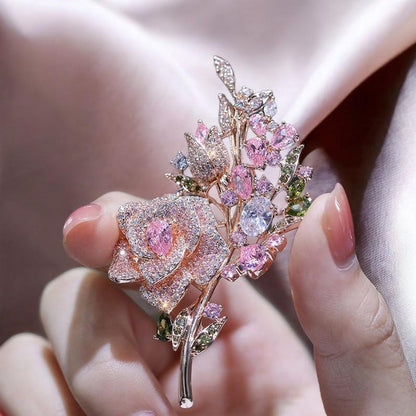 Rose copper zircon brooch for women rhinestone rose bloom brooches