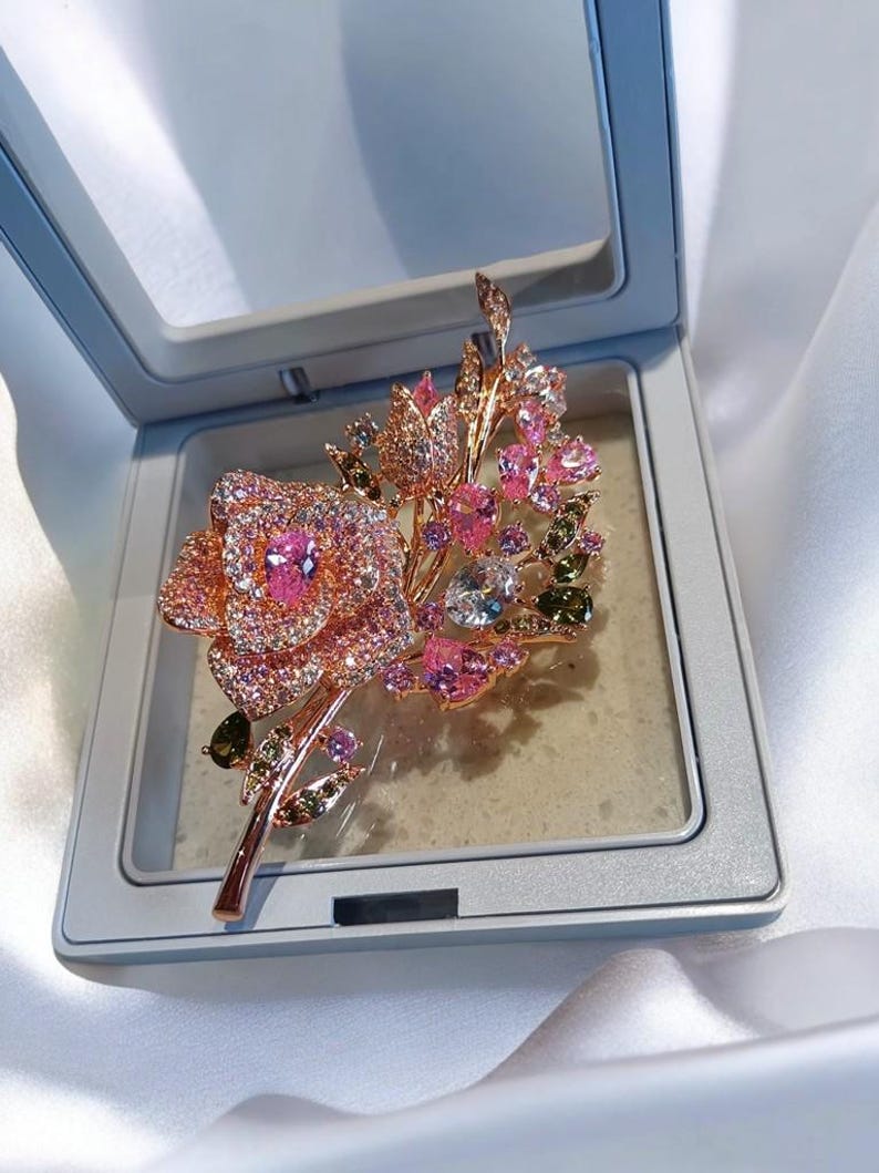 Rose copper zircon brooch for women rhinestone rose bloom brooches