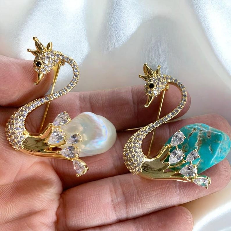 Pearl Swan Brooch: Zircon, Mother of Pearl, Turquoise Accents