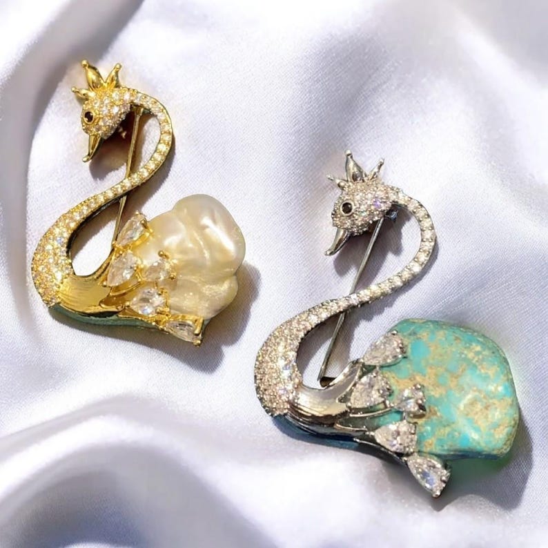 Pearl Swan Brooch: Zircon, Mother of Pearl, Turquoise Accents