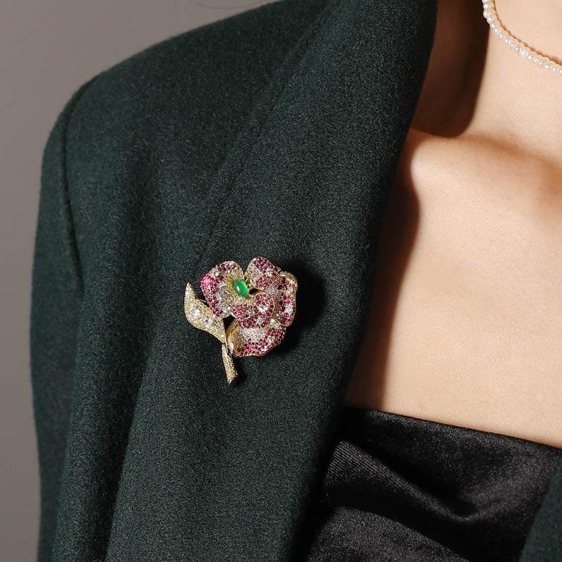 Luxury rose brooch, colorful zircon vintage women brooch with gifts box