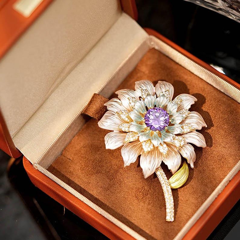 Copper inlaid zircon purple crystal brooch, enamel painting gold-plated daisy original brooch