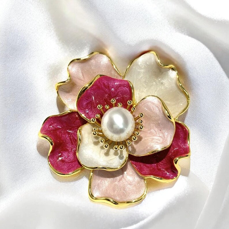 Handmade enamel peony brooch, pearl stamens, handmade dripping color