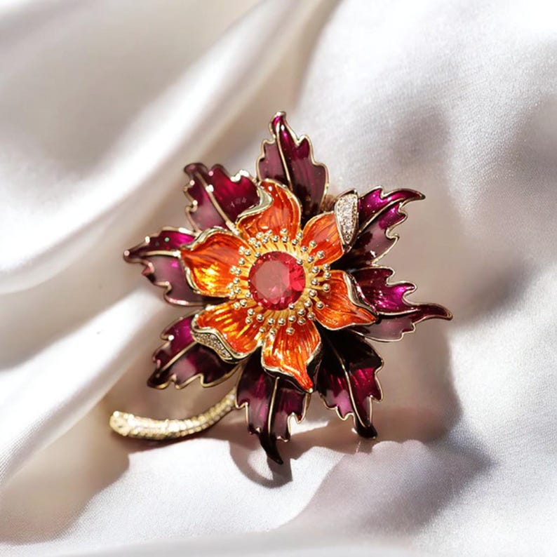 Luxury red sun flower brooch for mom, handmade enamel oil drop brooch jewelry