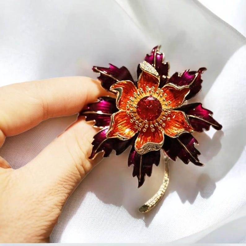 Luxury red sun flower brooch for mom, handmade enamel oil drop brooch jewelry