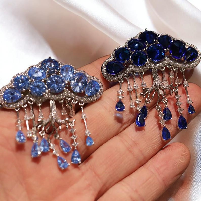 Blue Crystal Cloud Brooch: Handmade Tassel Pendant Jewelry