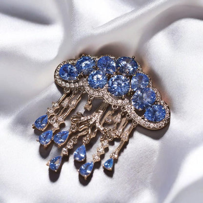 Blue Crystal Cloud Brooch: Handmade Tassel Pendant Jewelry