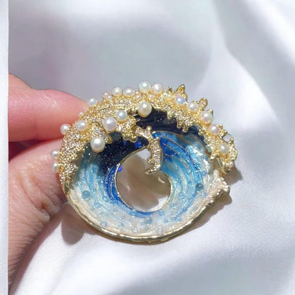 Hand-Painted Starry Sky Wave Brooch: Pearl Ocean Pendant