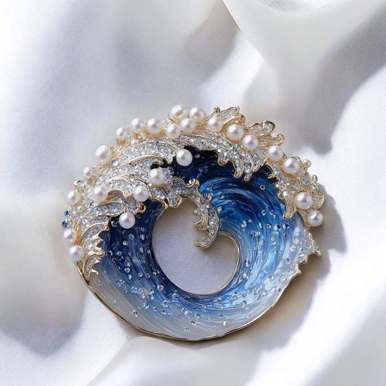 Hand-Painted Starry Sky Wave Brooch: Pearl Ocean Pendant