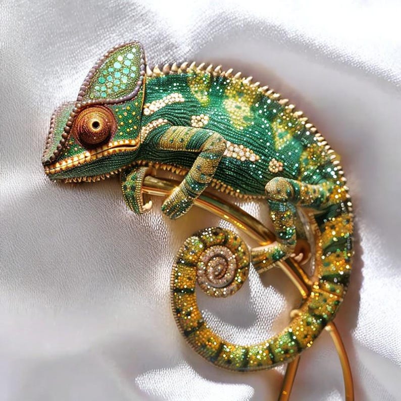 Enamel lizard chameleon brooch, green vintage insect brooch or pendant gift with box
