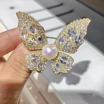 Micro-paved zircon super shiny pearl butterfly brooch luxury accessories