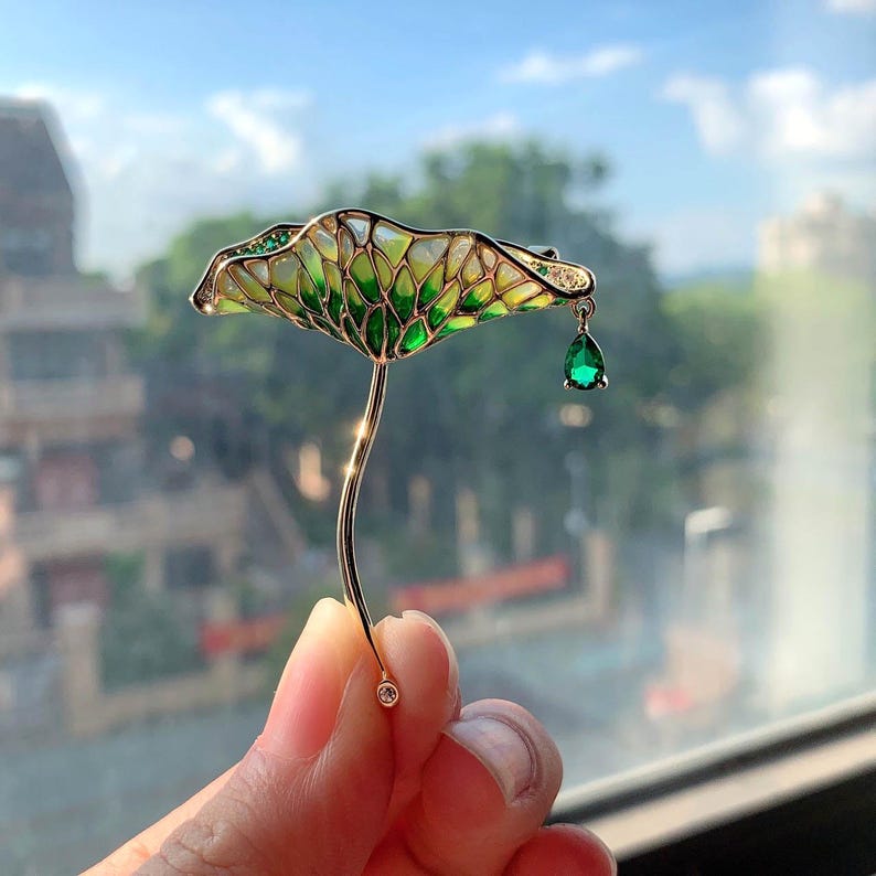 Enamel color Drip oil lotus leaf brooch zircon with pendant