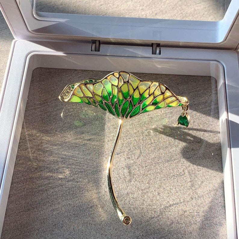 Enamel color Drip oil lotus leaf brooch zircon with pendant