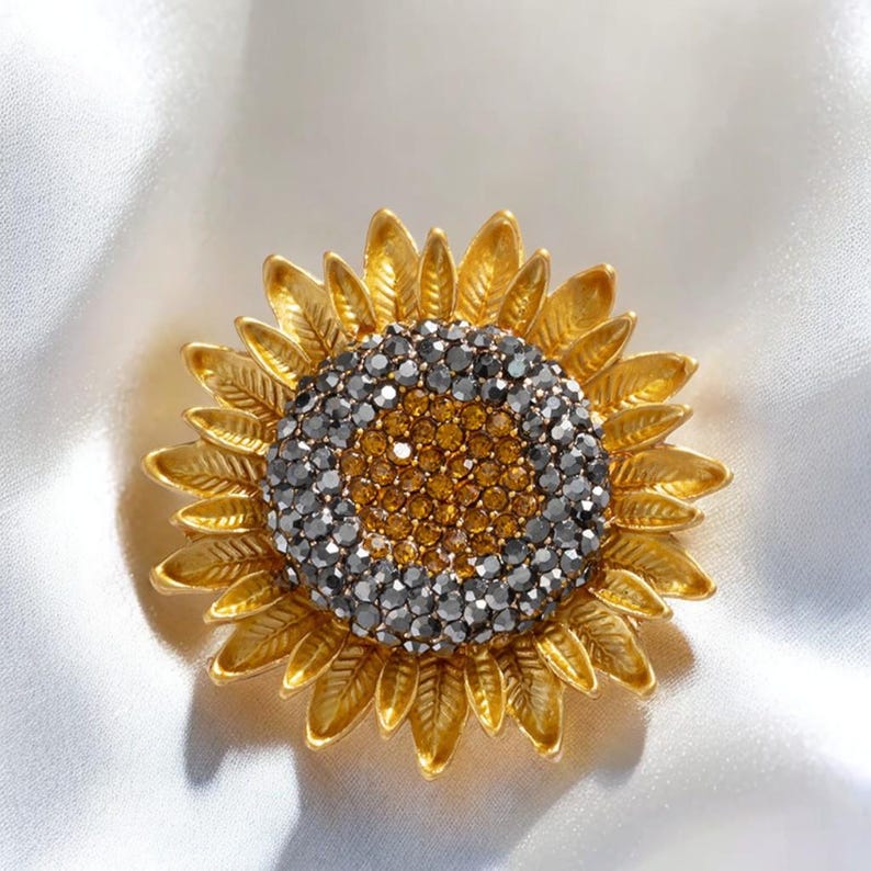 Van Gogh Sunflower Brooch: 18K Gold Crystal Replica Vintage original sunflower pin, women's gift jewelry accessories