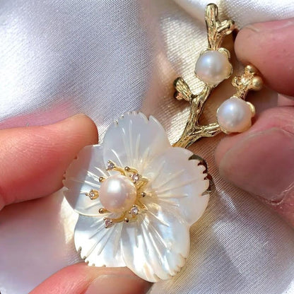 Mother of Pearl Blossom Shell Brooch Copper Inlaid Zircon Pin for Women