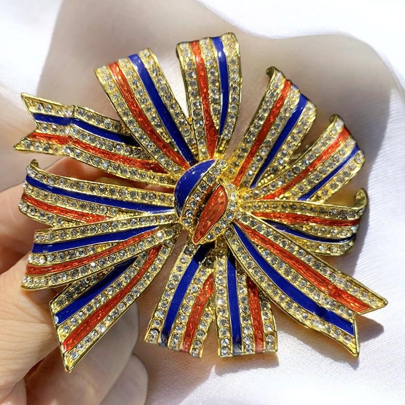 American Flag Vintage Jewelry Handmade Enamel Bow Brooch