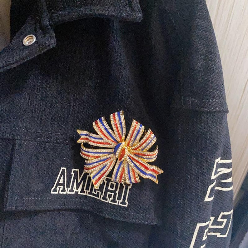 American Flag Vintage Jewelry Handmade Enamel Bow Brooch