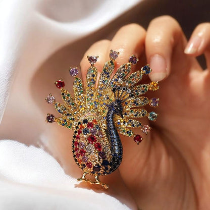 Copper Zircon Peacock Brooch: Exquisite Colorful Bird Jewelry