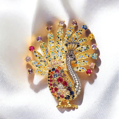 Copper Zircon Peacock Brooch: Exquisite Colorful Bird Jewelry