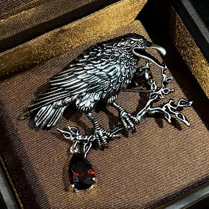 Vintage Crow Brooch: Distressed Design with Red Rhinestone - Halloween Jewelry