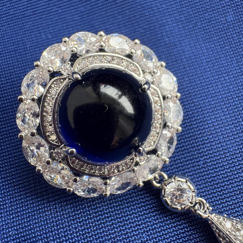 Something Blue Sapphire Classic Brooch Blue Gemstone Cubic Zirconia 14K White Gold P. Freshwater Drop Pearl Brooch Blue Diamond Bridal Pin