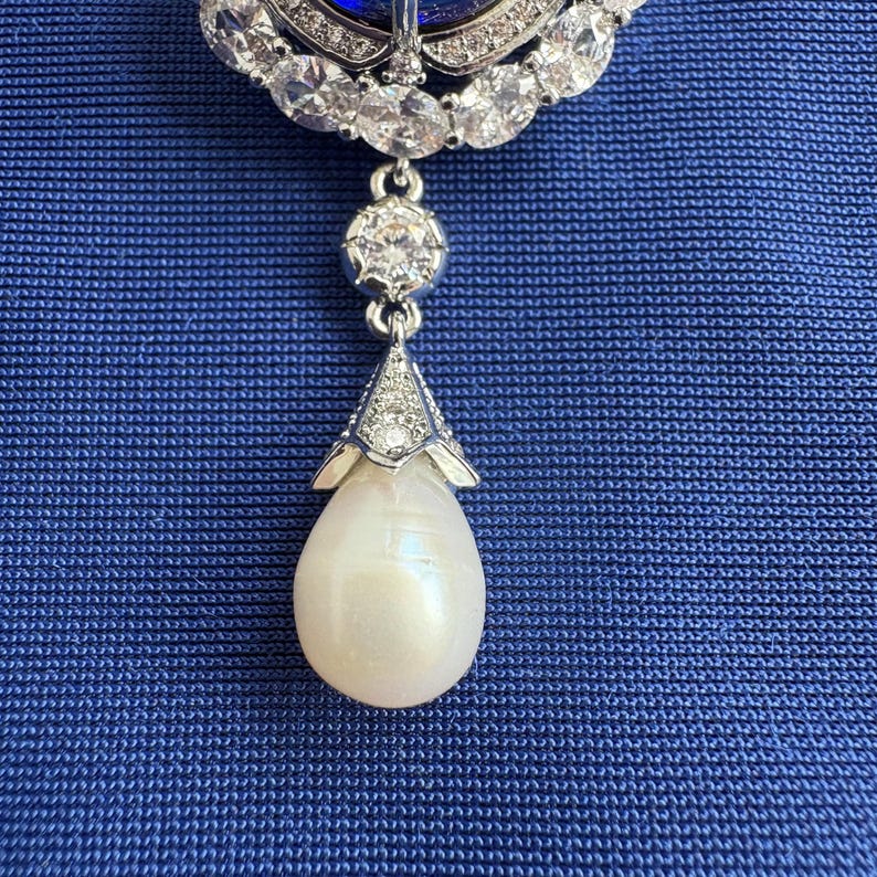 Something Blue Sapphire Classic Brooch Blue Gemstone Cubic Zirconia 14K White Gold P. Freshwater Drop Pearl Brooch Blue Diamond Bridal Pin