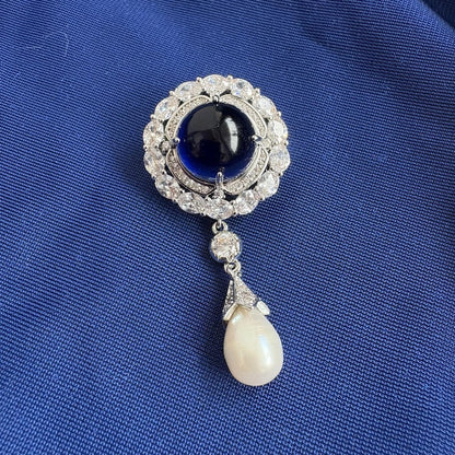 Something Blue Sapphire Classic Brooch Blue Gemstone Cubic Zirconia 14K White Gold P. Freshwater Drop Pearl Brooch Blue Diamond Bridal Pin