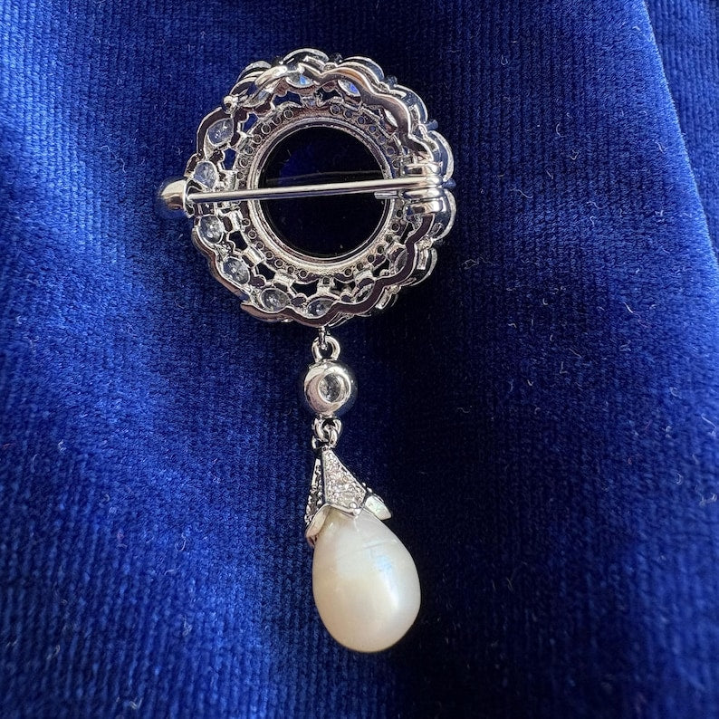 Something Blue Sapphire Classic Brooch Blue Gemstone Cubic Zirconia 14K White Gold P. Freshwater Drop Pearl Brooch Blue Diamond Bridal Pin
