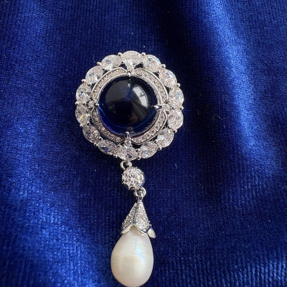 Something Blue Sapphire Classic Brooch Blue Gemstone Cubic Zirconia 14K White Gold P. Freshwater Drop Pearl Brooch Blue Diamond Bridal Pin