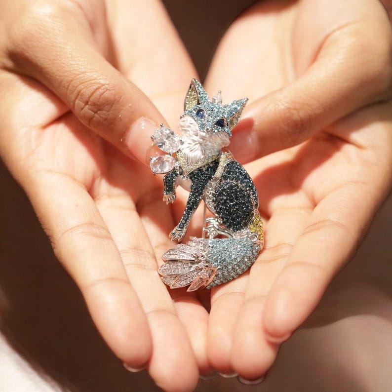 Blue Fox Brooch: Handmade Copper Zircon Crystal Jewelry