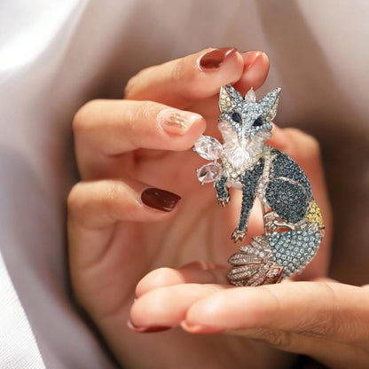 Blue Fox Brooch: Handmade Copper Zircon Crystal Jewelry