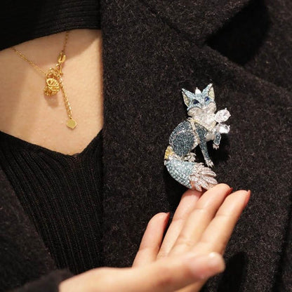 Blue Fox Brooch: Handmade Copper Zircon Crystal Jewelry