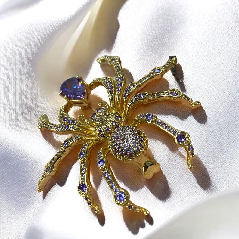 Shiny zircon spider brooch, gold, black spider jewelry with gift box