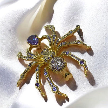 Shiny zircon spider brooch, gold, black spider jewelry with gift box