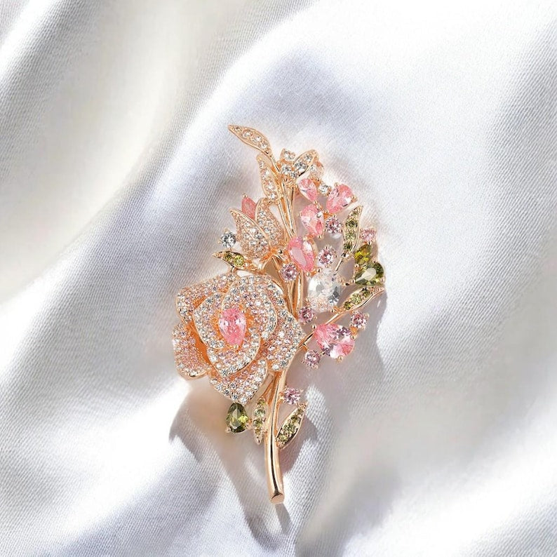 Rose copper zircon brooch for women rhinestone rose bloom brooches