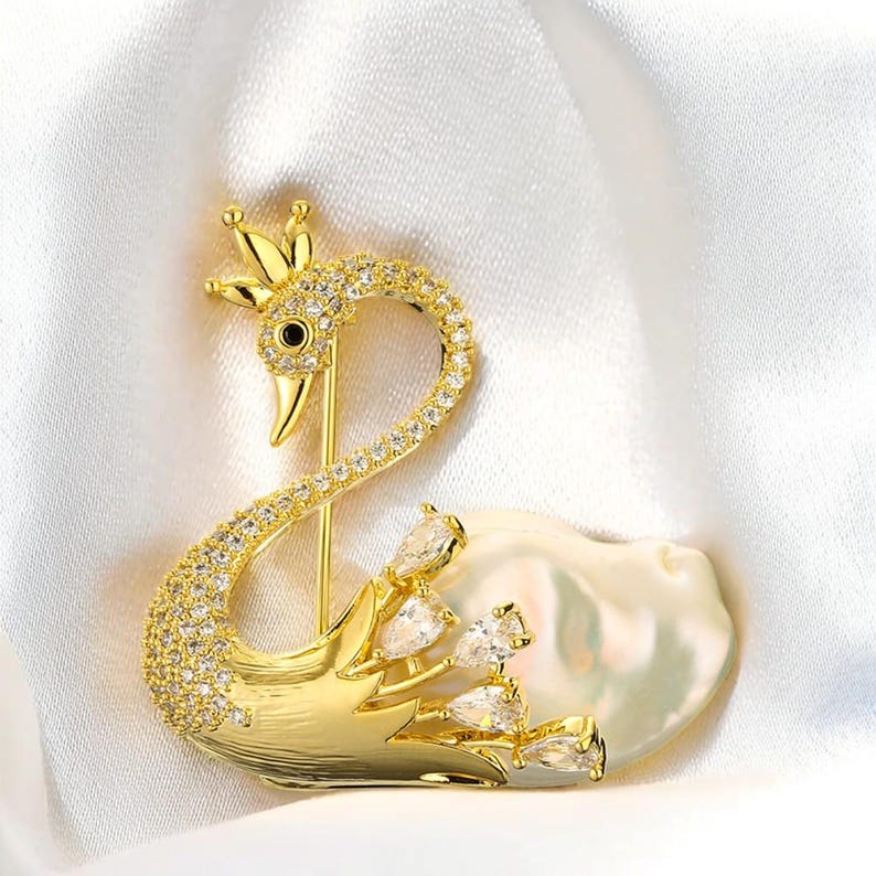Pearl Swan Brooch: Zircon, Mother of Pearl, Turquoise Accents
