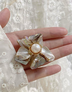 Vintage pin natural baroque pearl five-leaf flower brooch with box