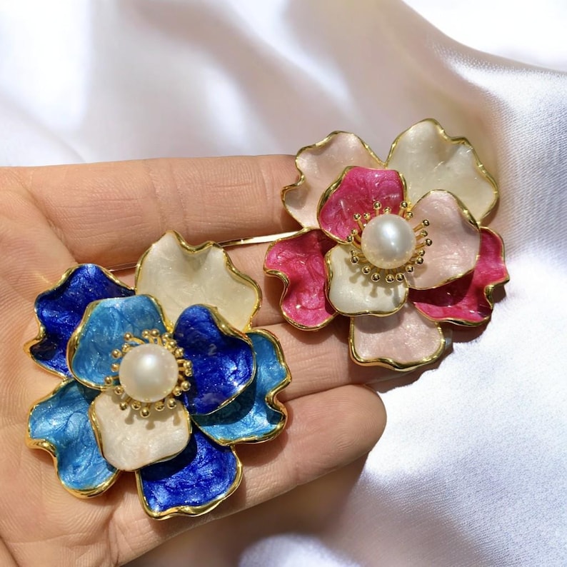 Handmade enamel peony brooch, pearl stamens, handmade dripping color