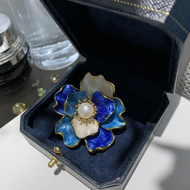 Handmade enamel peony brooch, pearl stamens, handmade dripping color