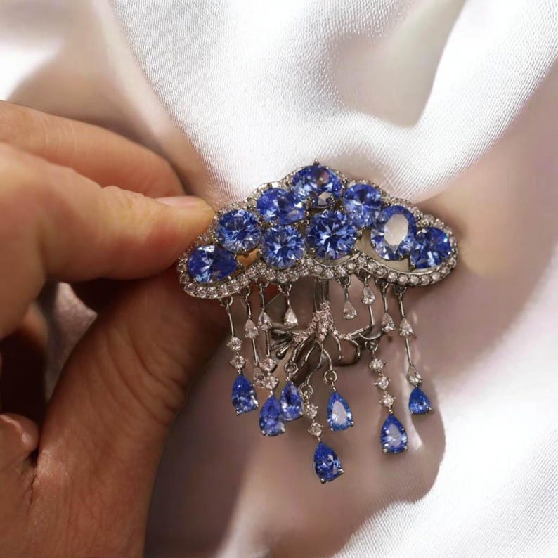 Blue Crystal Cloud Brooch: Handmade Tassel Pendant Jewelry