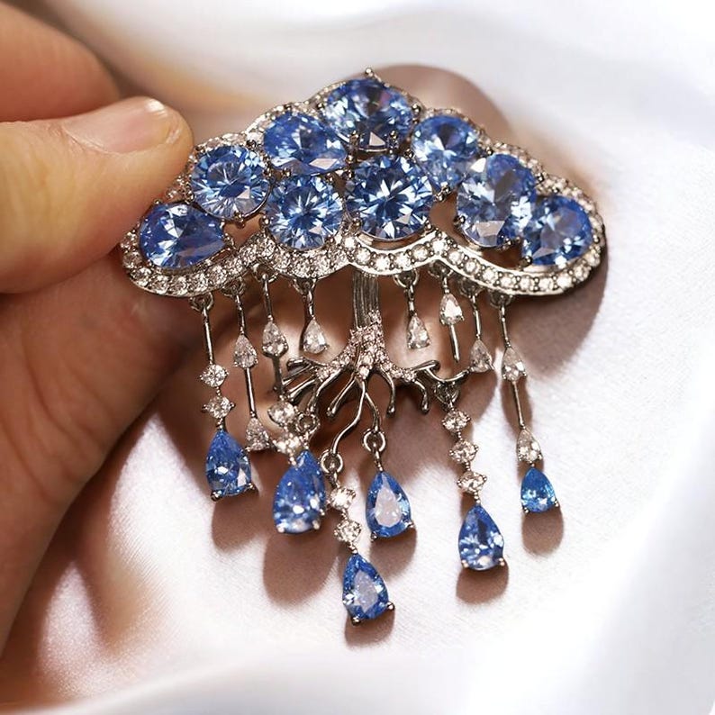 Blue Crystal Cloud Brooch: Handmade Tassel Pendant Jewelry