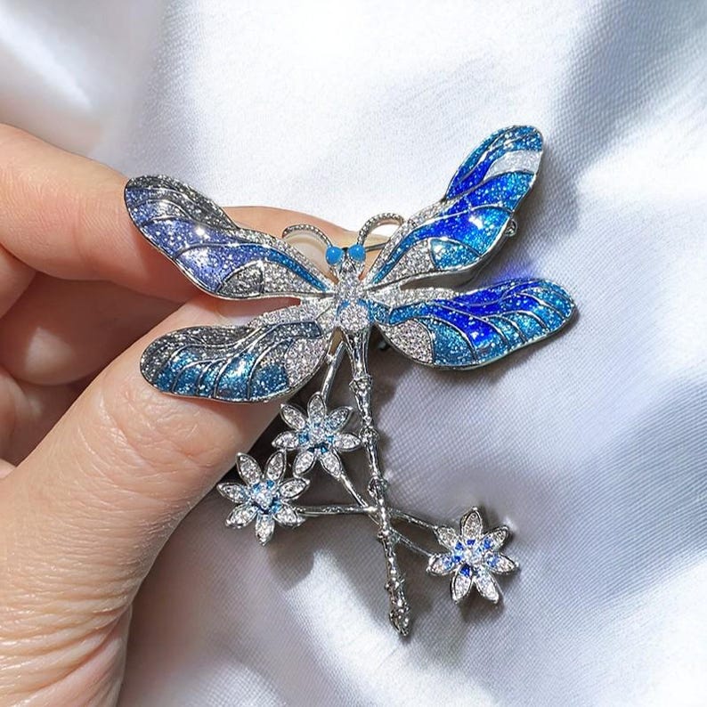 Blue enamel dragonfly brooch, vintage hand made jewelry brooches or pendant