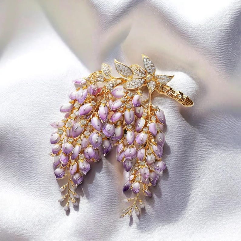 Luxurious original wisteria flower brooch, handmade enamel craft jewelry gift with box