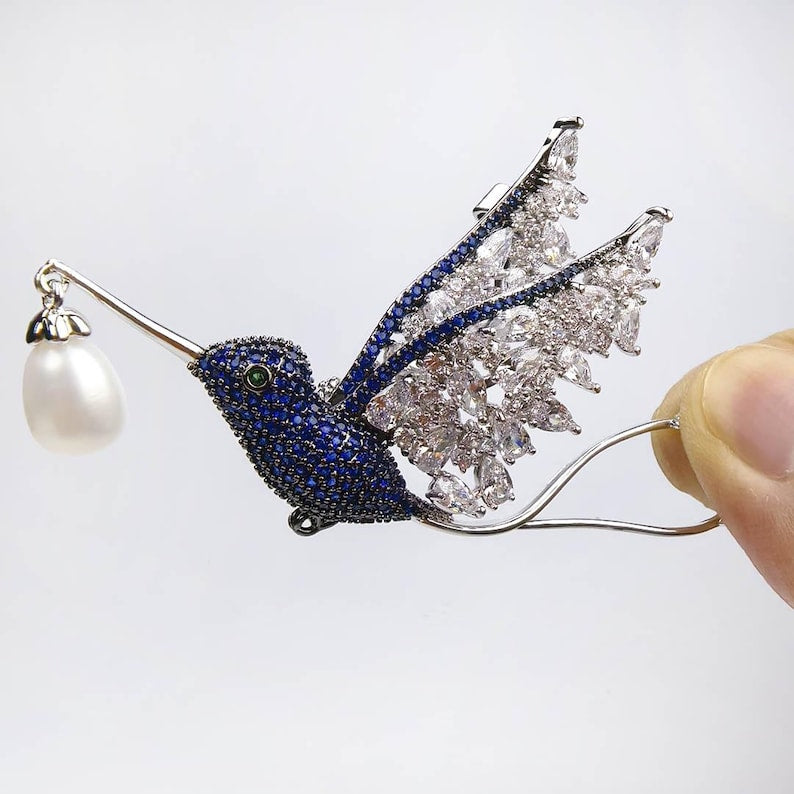Blue Zircon Hummingbird Brooch: Copper Pearl Bird Pin
