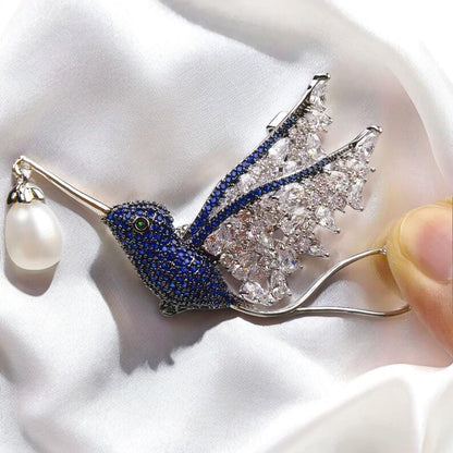 Blue Zircon Hummingbird Brooch: Copper Pearl Bird Pin