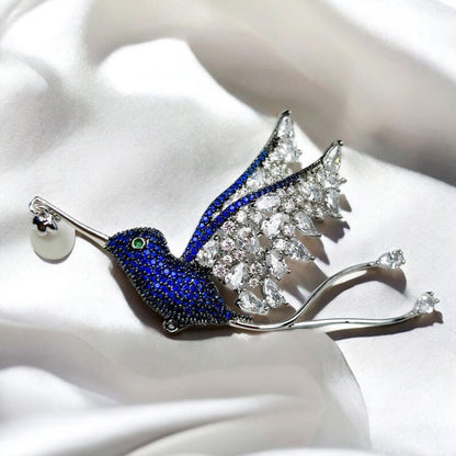Blue Zircon Hummingbird Brooch: Copper Pearl Bird Pin